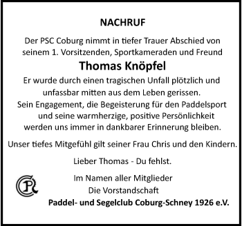 Traueranzeige von Thomas Knöpfel von Neue Presse Coburg