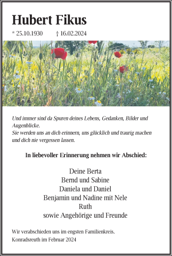 Traueranzeige von Hubert Fikus von Frankenpost