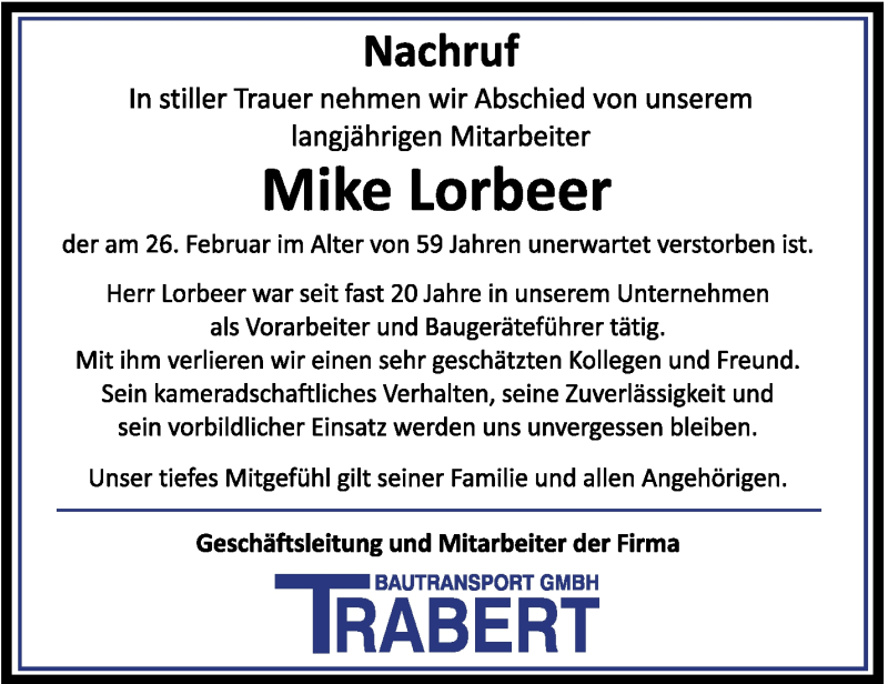  Traueranzeige für Mike Lorbeer vom 01.03.2024 aus Südthüringer Presse
