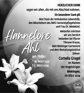 Traueranzeige von Hannelore Ahl von Südthüringer Presse