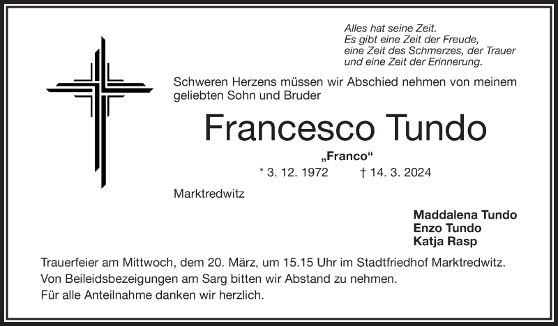  Traueranzeige für Francesco Tundo vom 18.03.2024 aus Frankenpost