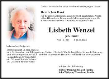 Traueranzeige von Lisbeth Wenzel von Südthüringer Presse
