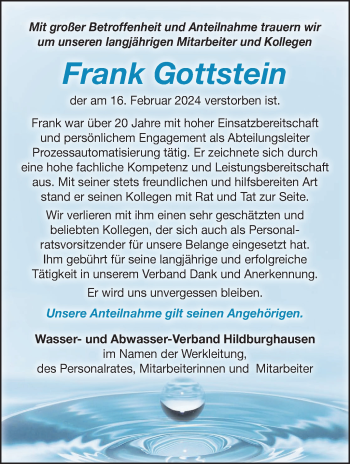 Traueranzeige von Frank Gottstein von Südthüringer Presse