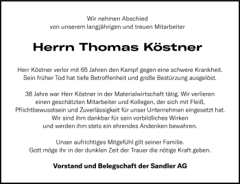 Traueranzeige von Thomas Köstner von Frankenpost