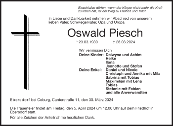 Traueranzeige von Oswald Piesch von Neue Presse Coburg