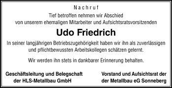 Traueranzeige von Udo Friedrich von Südthüringer Presse
