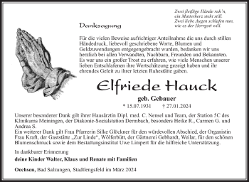 Traueranzeige von Elfriede Hauck von Südthüringer Presse