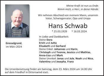 Traueranzeige von Hans Schwab von Neue Presse Coburg