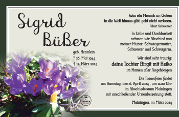 Traueranzeige von Sigrid Büßer von Südthüringer Presse