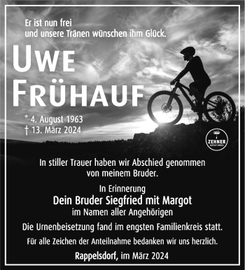 Traueranzeige von Uwe Frühauf von Südthüringer Presse