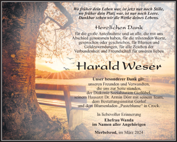 Traueranzeige von Harald Weser von Südthüringer Presse