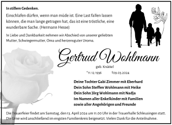Traueranzeige von Gertrud Wohlmann von Südthüringer Presse