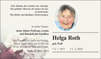 Traueranzeige von Helga Roth von Südthüringer Presse