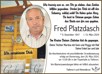 Traueranzeige von Fred Platzdasch von Südthüringer Presse