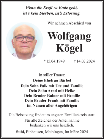 Traueranzeige von Wolfgang Kögel von Südthüringer Presse