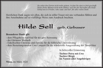 Traueranzeige von Hilde Sell von Südthüringer Presse