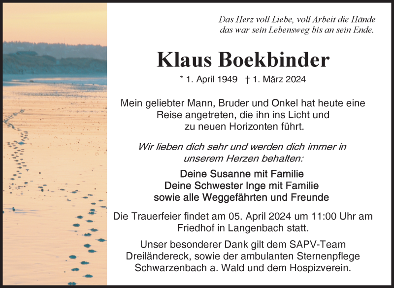  Traueranzeige für Klaus Boekbinder vom 30.03.2024 aus Frankenpost
