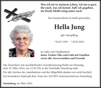 Traueranzeige von Hella Jung von Südthüringer Presse