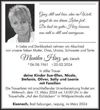 Traueranzeige von Monika Hinz von Südthüringer Presse