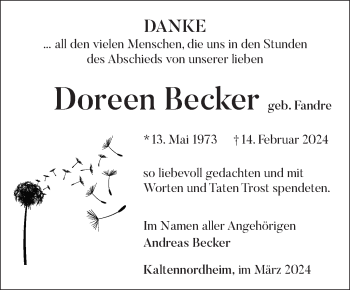 Traueranzeige von Doreen Becker von Südthüringer Presse
