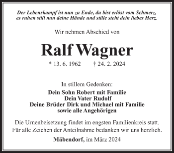 Traueranzeige von Ralf Wagner von Südthüringer Presse