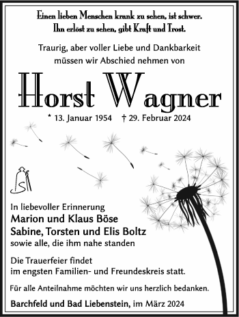 Traueranzeige von Horst Wagner von Südthüringer Presse