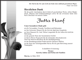Traueranzeige von Jutta Hanf von Südthüringer Presse