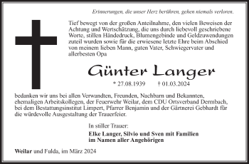 Traueranzeige von Günter Langer von Südthüringer Presse