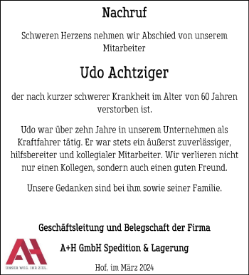 Traueranzeige von Udo Achtziger von Frankenpost