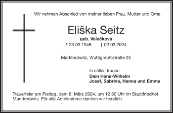 Traueranzeige von Eli?ka Seitz Seitz von Frankenpost