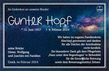 Traueranzeige von Gunter Hopf von Südthüringer Presse