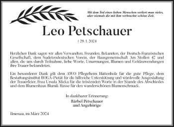 Traueranzeige von Leo Petschauer von Südthüringer Presse