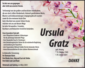 Traueranzeige von Ursula Gratz von Südthüringer Presse