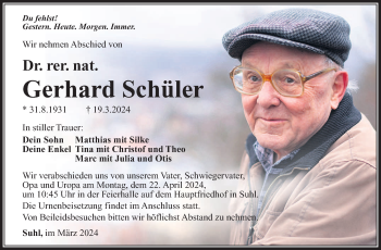 Traueranzeige von Gerhard Schüler von Südthüringer Presse