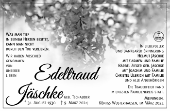 Traueranzeige von Edeltraud Jäschke von Südthüringer Presse