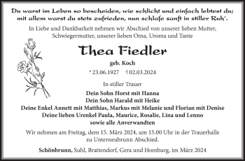 Traueranzeige von Thea Fiedler von Südthüringer Presse