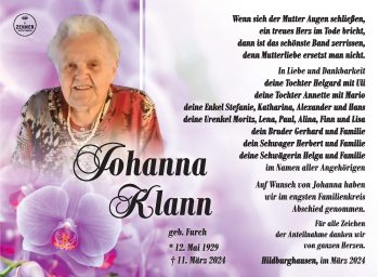 Traueranzeige von Johanna Klann von Südthüringer Presse