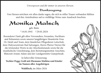 Traueranzeige von Monika Malsch von Südthüringer Presse