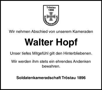 Traueranzeige von Walter Hopf von Frankenpost