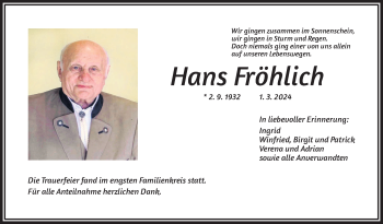 Traueranzeige von Hans Fröhlich von Frankenpost