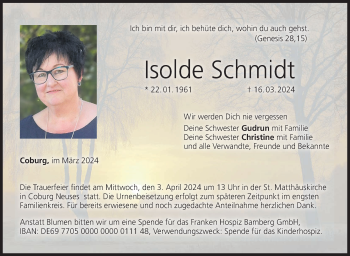 Traueranzeige von Isolde Schmidt von Neue Presse Coburg