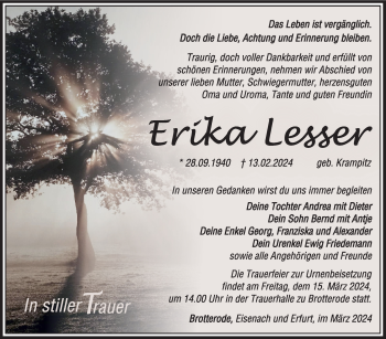 Traueranzeige von Erika Lesser von Südthüringer Presse