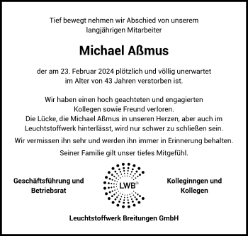 Traueranzeige von Michael Aßmus von Südthüringer Presse