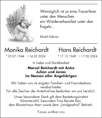 Traueranzeige von MonikaHans ReichardtReichardt von Südthüringer Presse