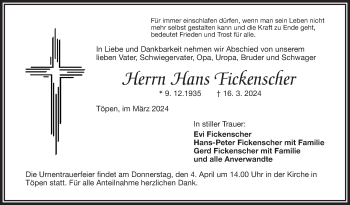 Traueranzeige von Hans Fickenscher von Frankenpost