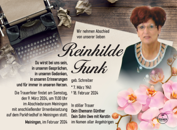 Traueranzeige von Reinhilde Funk von Südthüringer Presse