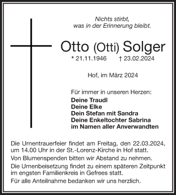 Traueranzeige von Otto Solger von Frankenpost