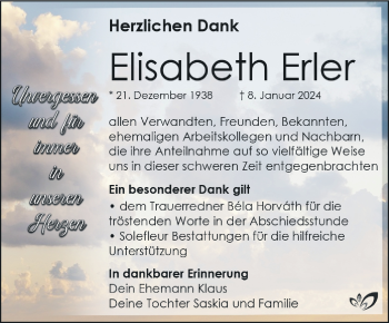 Traueranzeige von Elisabeth Erler von Südthüringer Presse