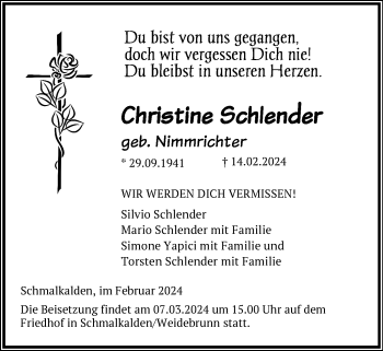 Traueranzeige von Christine Schlender von Südthüringer Presse