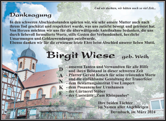 Traueranzeige von Birgit Wiese von Südthüringer Presse